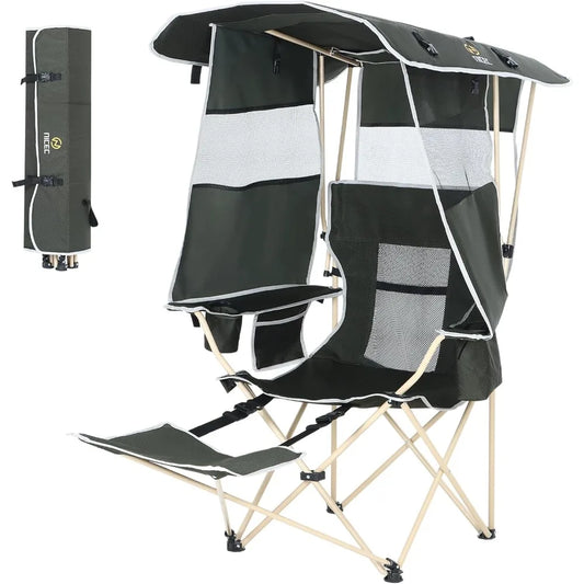 Green Folding Camping Chair with Canopy, Shade, Footrest, Cooler Bag, Cup Holder for Outdoor Activities